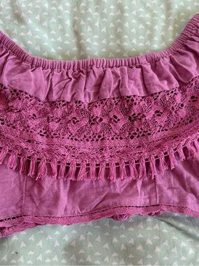 American Eagle Outfitters Mauve Crochet Fringe Off-Shoulder Crop Top